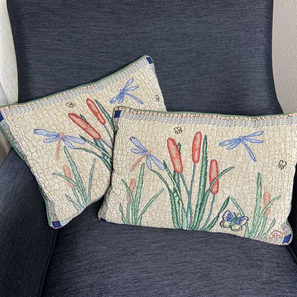 Dragonfly Tapestry Throw Accent Pillows Set Of 2 Cattail Butterfly 16"x12" - Picture 1 of 6